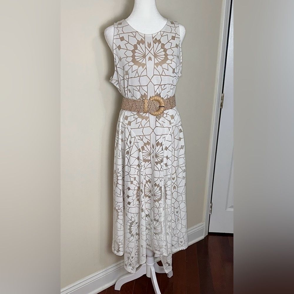 a.n.a. XL White Crew Sleeveless Asymmetrical Hem Sheer Lined Geo Print Sun Dress